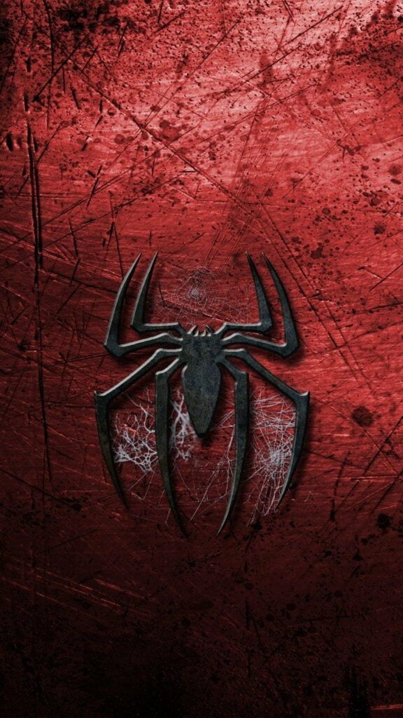 Spiderman emblem on textured red web-patterned background, bold Marvel hero Android wallpaper