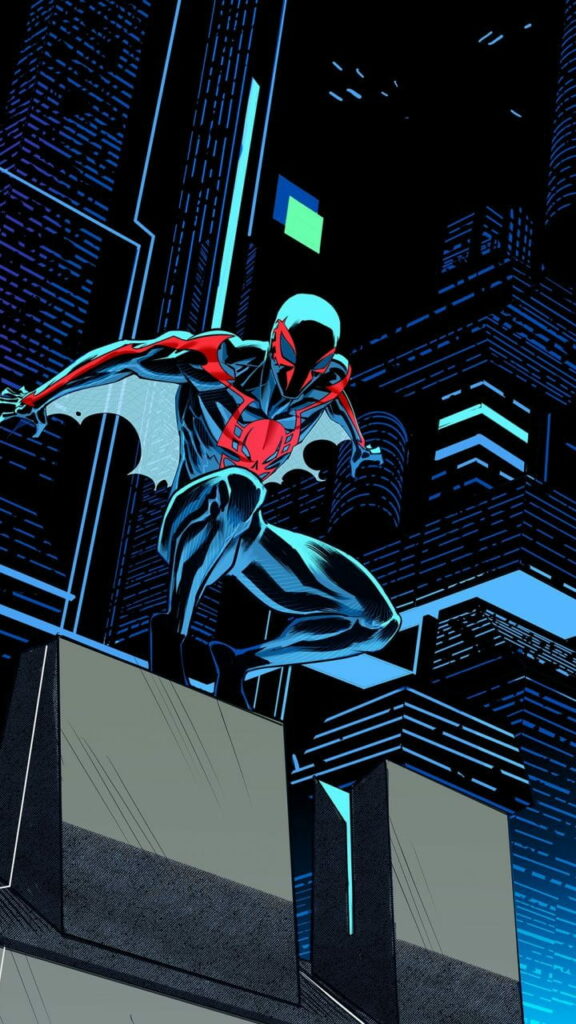 Spiderman on rooftop ready for action futuristic cityscape vibrant HD phone wallpaper background