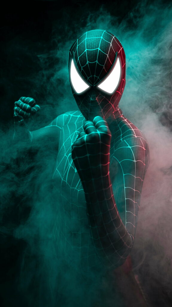 Spiderman in iconic suit amid swirling mist HD wallpaper, animated Marvel phone background