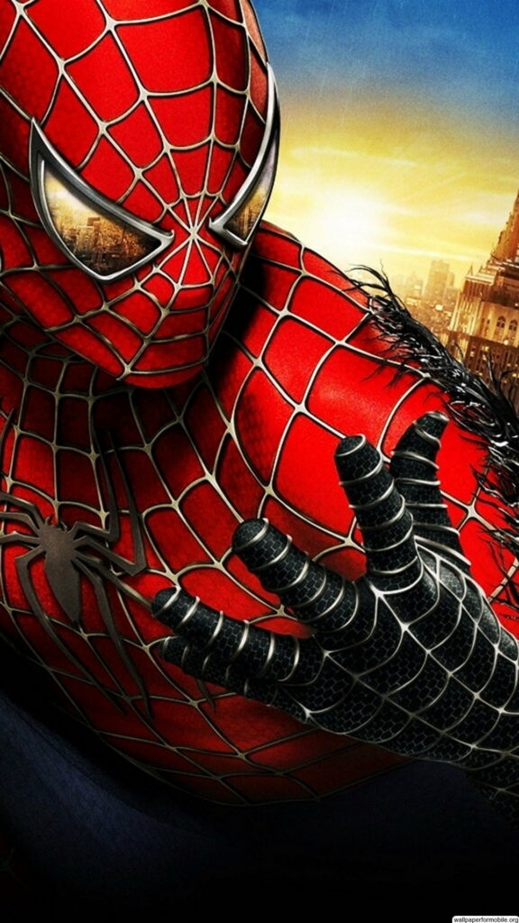 Spiderman HD mobile wallpaper in red suit with black symbiote spreading, cityscape background