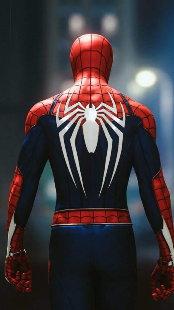 Spiderman phone wallpaper HD showing back view with white spider emblem, blurred city background