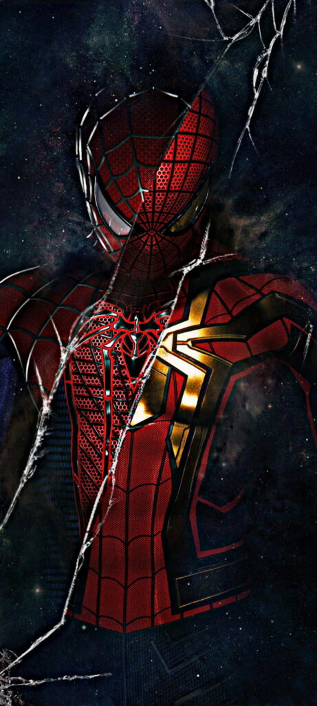 Spiderman close-up phone wallpaper with detailed web suit and golden accents on cosmic background