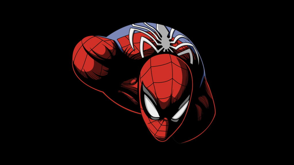 Spiderman in bold pose with red-blue suit and white webs on dark OLED superhero wallpaper
