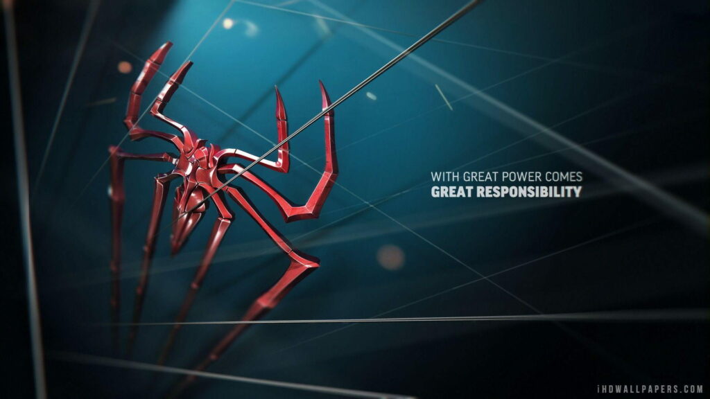 Spiderman HD wallpaper with glowing red spider emblem on webs, dark blue background, iconic quote
