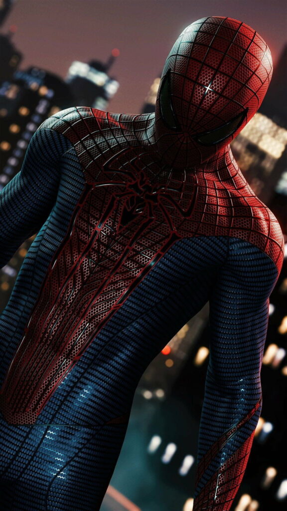 Spiderman in red and blue suit stands confidently cityscape backdrop HD Hollywood wallpaper