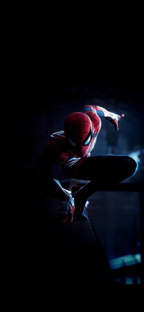 Spiderman HD wallpaper in dynamic pose on dark dramatic background for iPhone screens