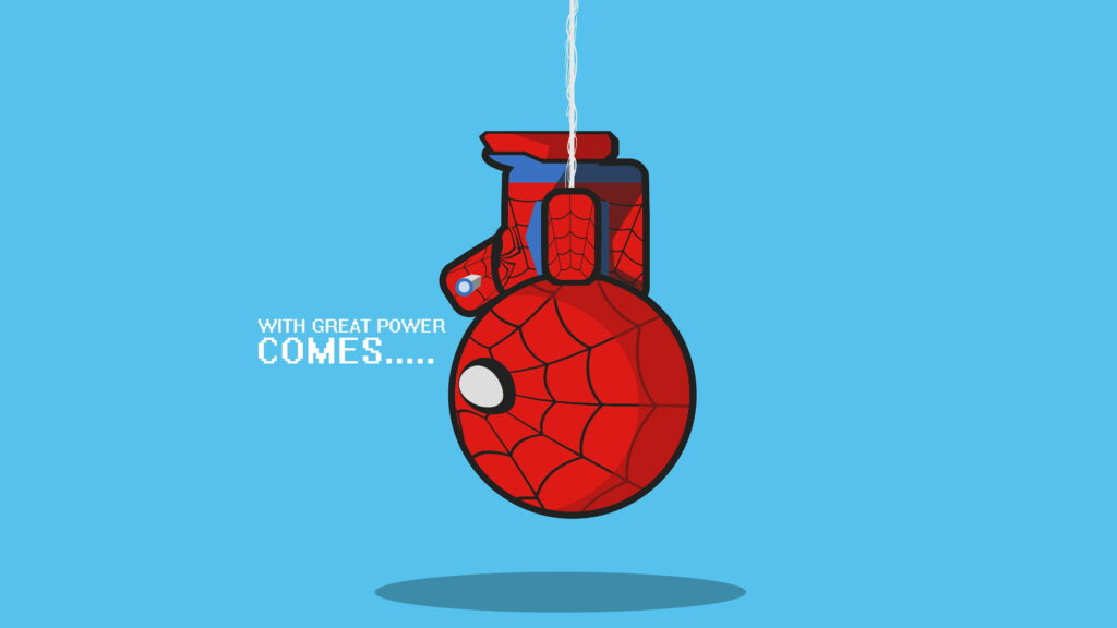 Spiderman hanging upside down on web with With great power comes... text on blue background Wallpaper