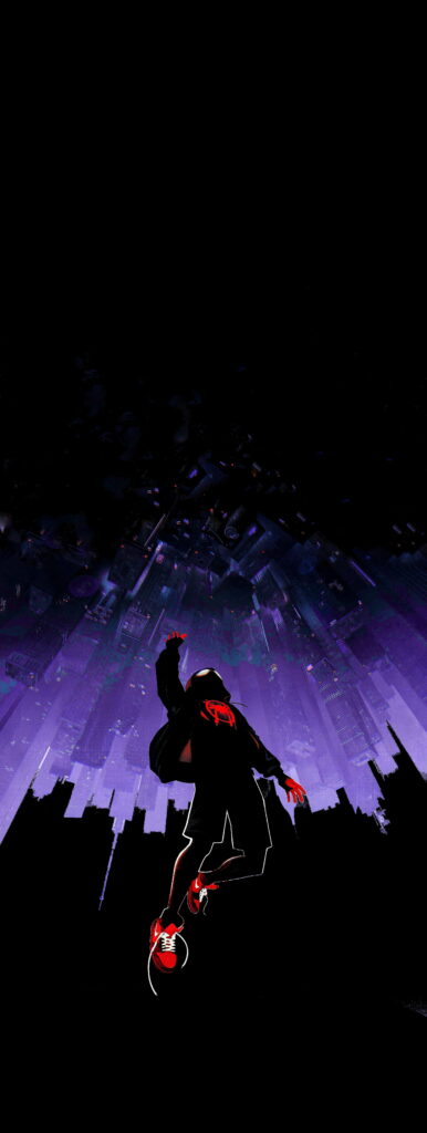 Amoled Spiderman Into The Spider Verse wallpaper with vibrant neon cityscape, HD phone background
