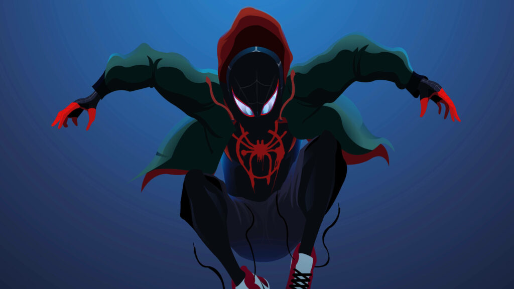 Miles Morales Spider-Man mid-leap in black and red suit with hoodie on blue digital art wallpaper