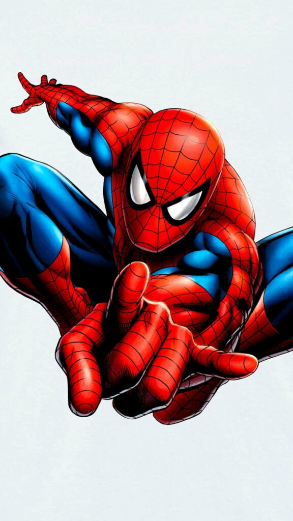 Spiderman mid-swing in vibrant Marvel comic-style HD wallpaper, perfect for phone screens