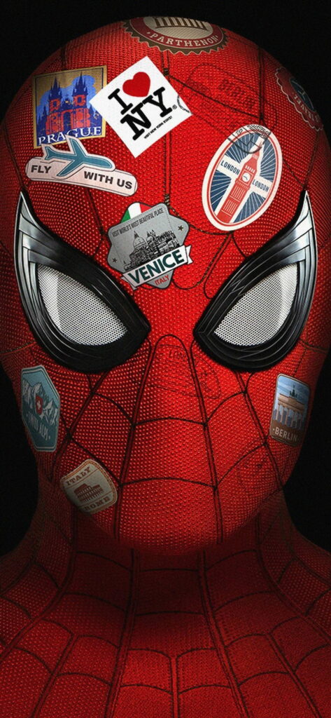 Spiderman mask with vibrant travel stickers from famous cities, colorful adventurous HD wallpaper