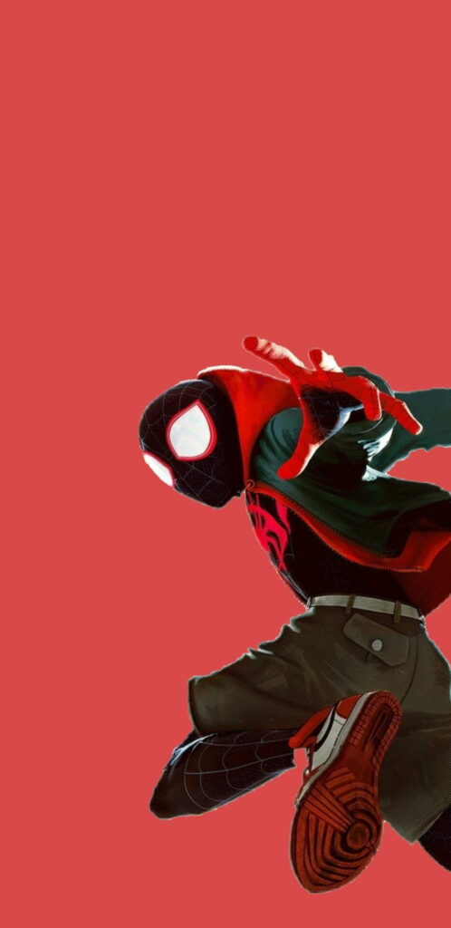 Spiderman mid-leap dynamic illustration on bold red background phone lockscreen wallpaper