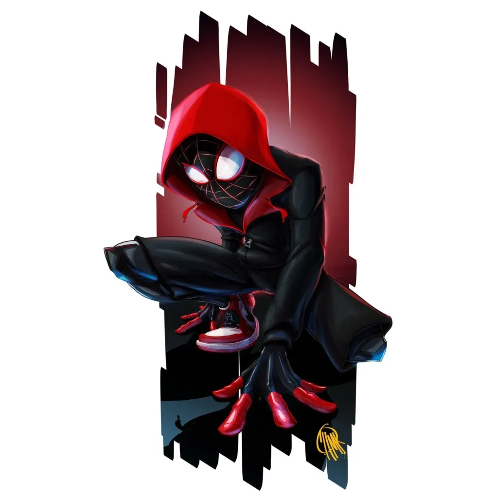 Spiderman Miles Morales crouching in red and black suit on bold art HD phone wallpaper background