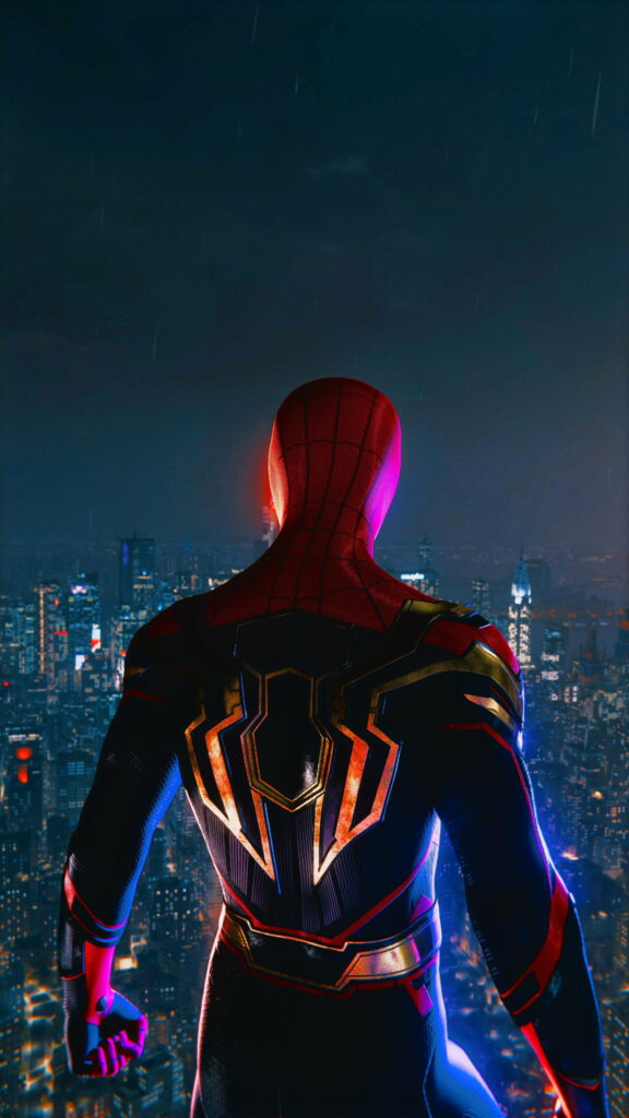 Spiderman on rooftop overlooking glowing city at night in HD, dynamic phone wallpaper background