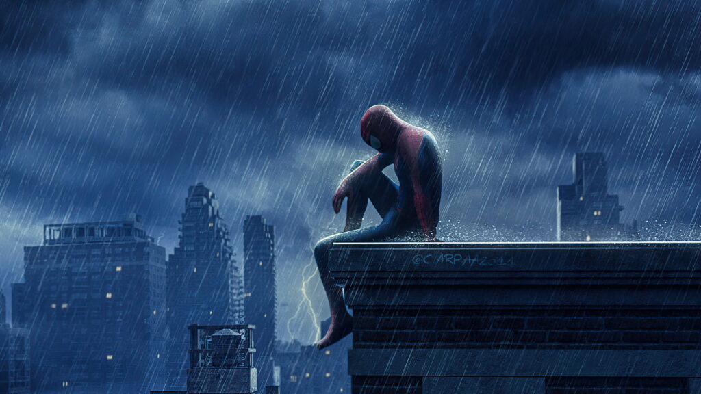 Spiderman alone on rainy rooftop overlooking stormy cityscape HD wallpaper from No Way Home