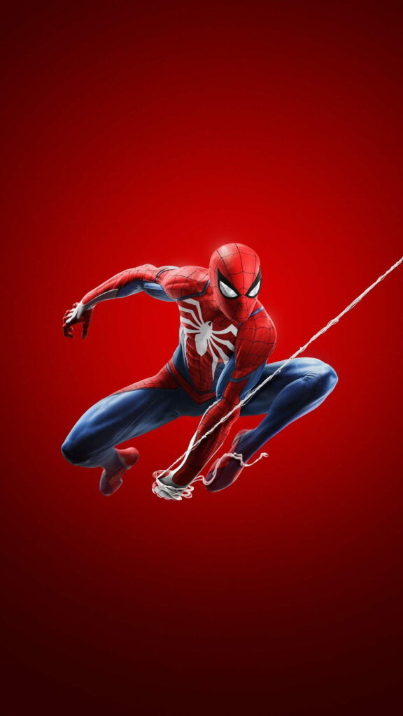Spiderman PS4 web-swinging pose HD wallpaper vibrant red background dynamic superhero art