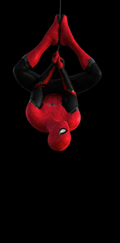 Spiderman upside down in red and black suit on deep black OLED wallpaper background