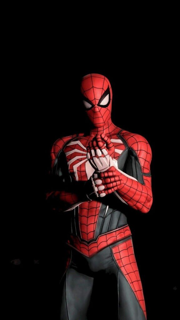 Spiderman in red and black suit on black AMOLED background HD wallpaper for Android phones