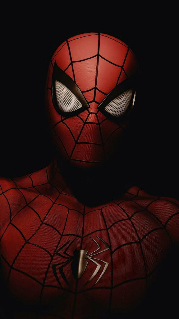 Spiderman in red and black suit with glowing white eyes, dramatic superhero HD phone wallpaper