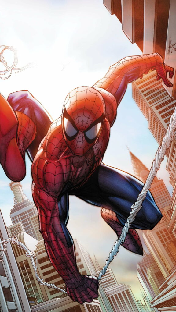 Spiderman swinging between skyscrapers in dynamic comic style for HD Marvel phone wallpaper