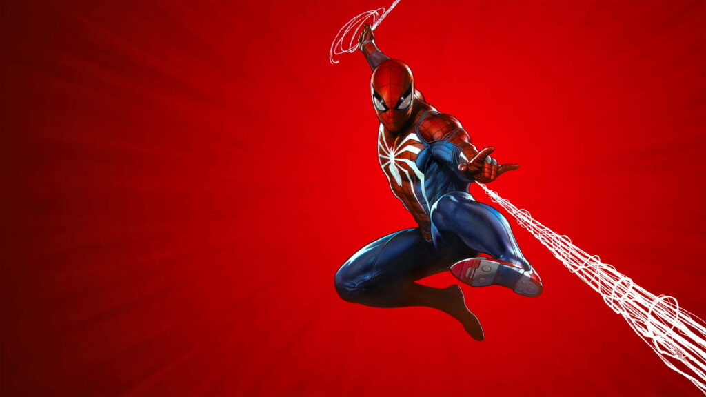 Spiderman in iconic suit swings dynamically on vibrant red background 4K gaming wallpaper