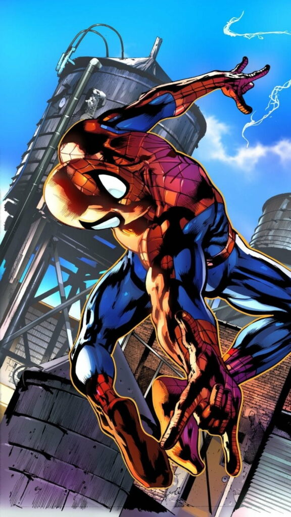 Spiderman swinging through vibrant cityscape in dynamic comic art, HD phone wallpaper background