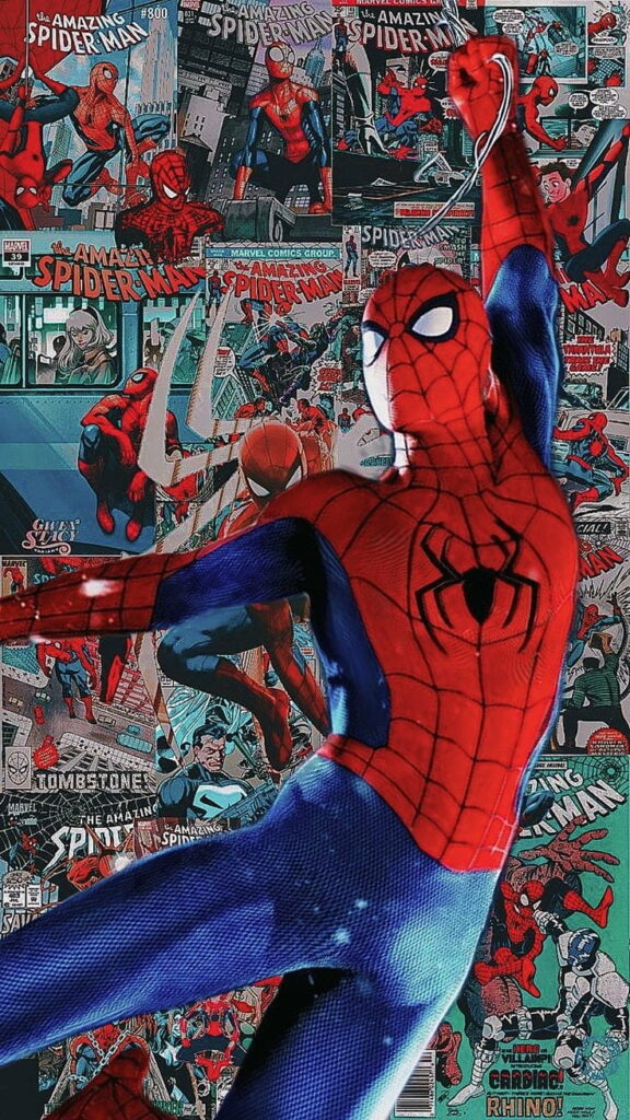 Spiderman swinging in vibrant classic comic art HD phone wallpaper for superhero fans