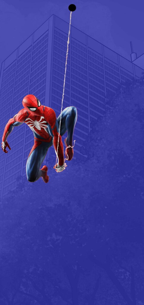 Spiderman swinging on web in front of city building with U Notch dynamic wallpaper design