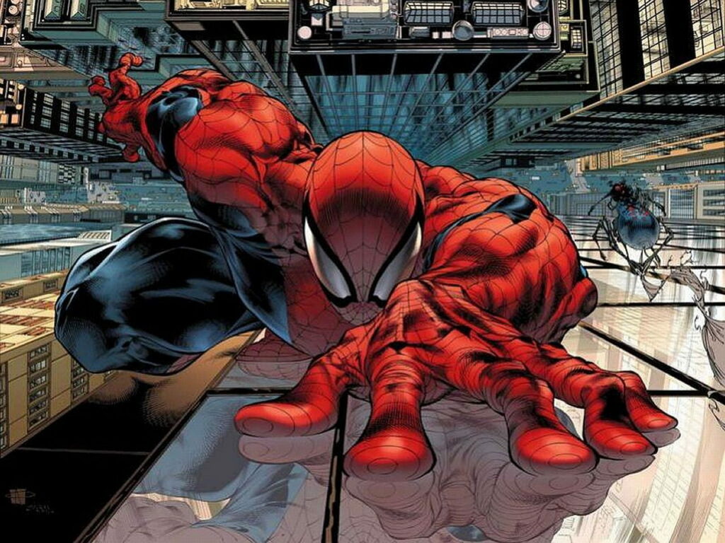 Spiderman swinging through vibrant cityscape in dynamic comic book style HD wallpaper background