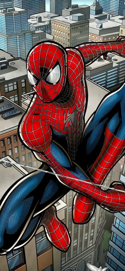 Spiderman swinging above city rooftops in vibrant HD phone wallpaper, dynamic action scene