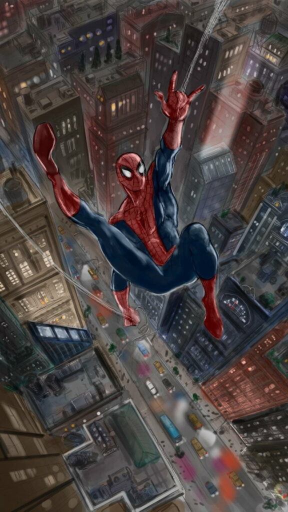 Spiderman swinging high above vibrant cityscape Marvel cartoon HD phone wallpaper background