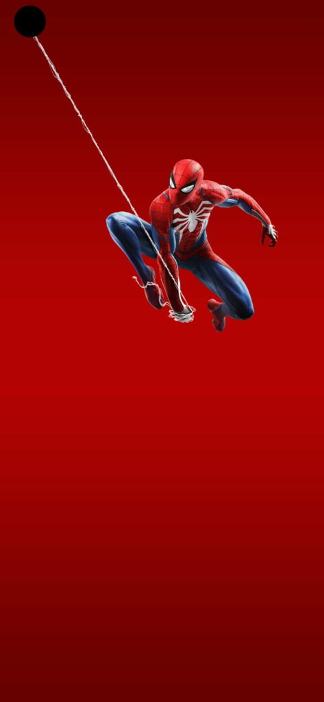 Spiderman swinging on red background HD phone wallpaper with punch hole design for mobiles