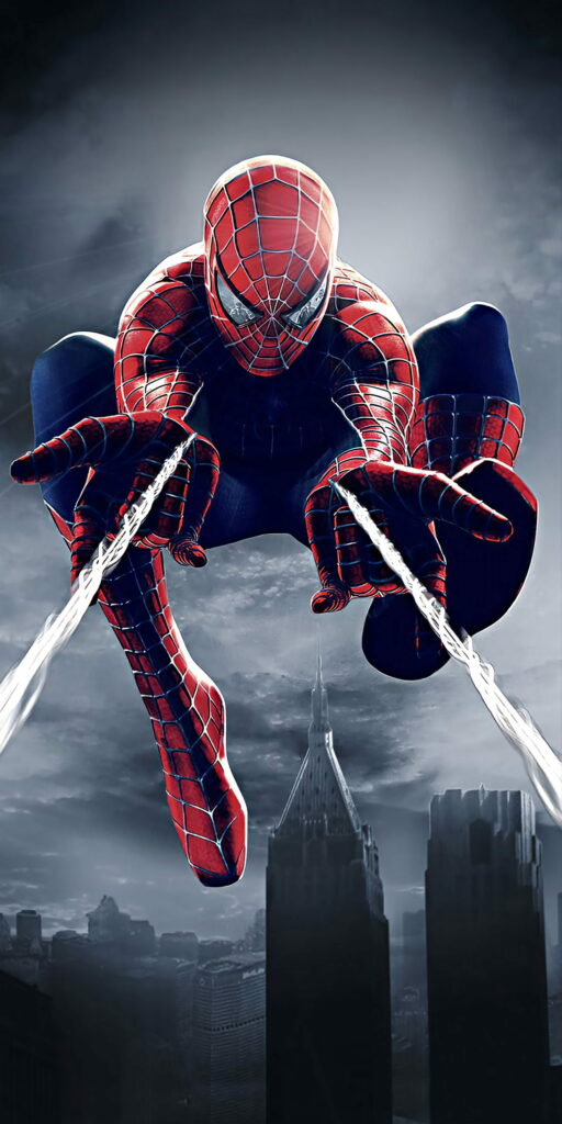 Spiderman swinging through cityscape with detailed webbing in dynamic pose HD wallpaper background