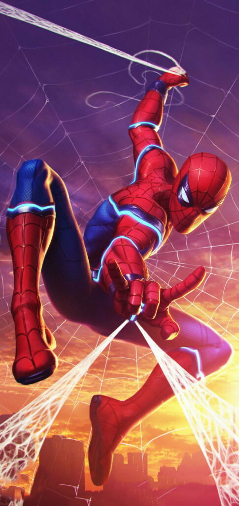 Spiderman swinging over city skyline at sunset with glowing web suit patterns HD wallpaper