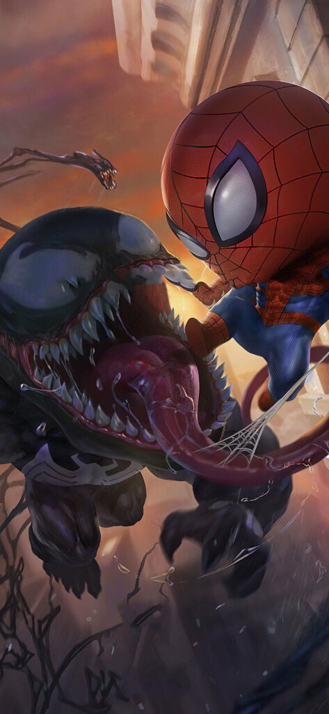 Chibi Spiderman vs Venom vibrant Marvel comic showdown HD phone wallpaper with detailed shading