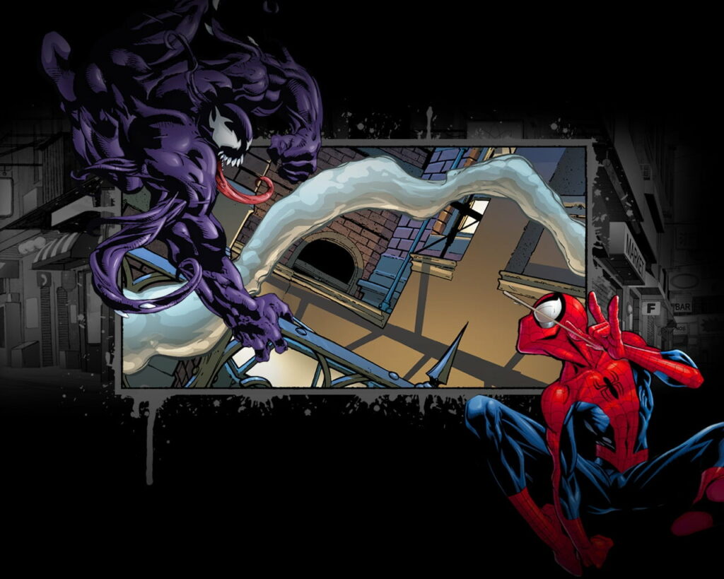 Spiderman vs Venom intense comic battle vibrant colors HD wallpaper background dynamic action