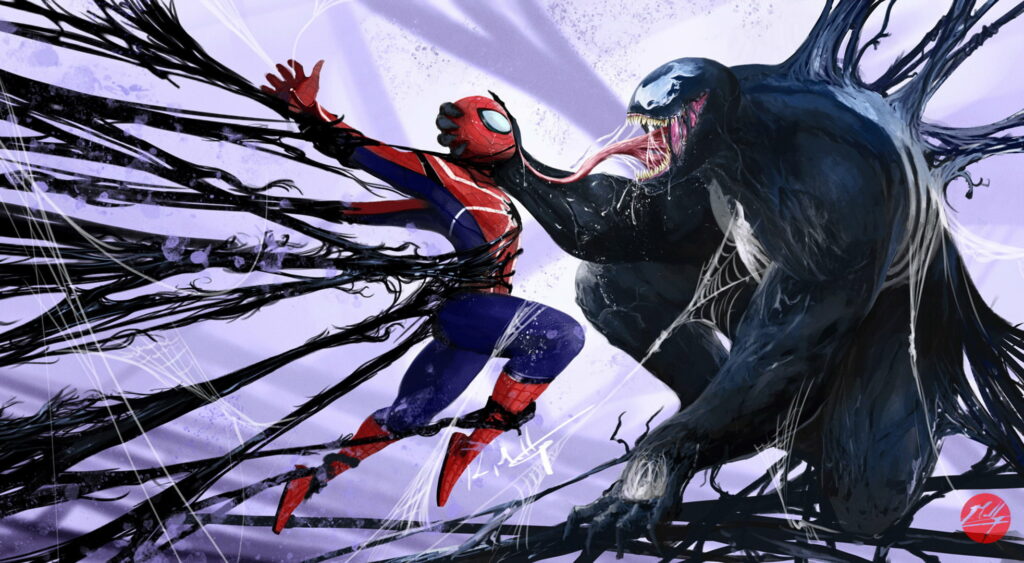 Spiderman versus Venom intense Marvel battle artwork in stunning HD wallpaper background