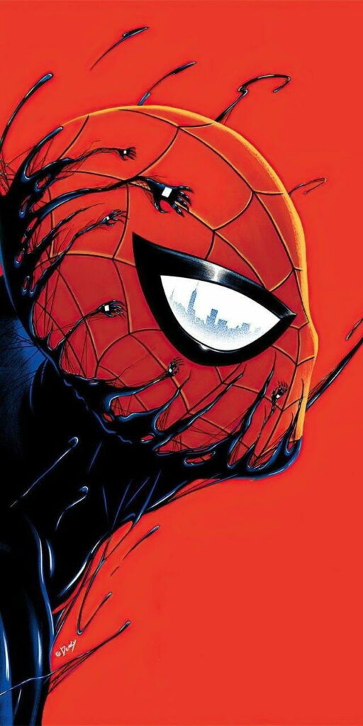 Spiderman and Venom comic-style artwork with black symbiote merging on red mask wallpaper