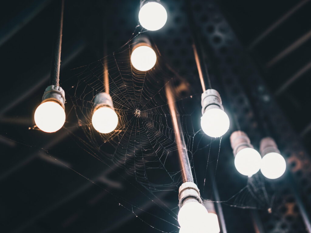 Delicate spiderweb between glowing bulbs with spider dark industrial moody wallpaper background