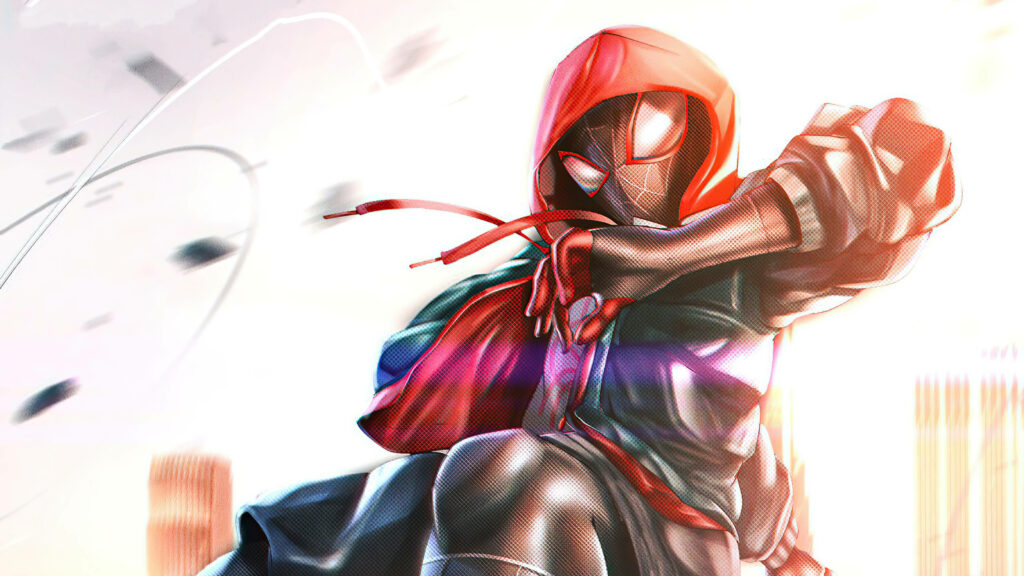 Miles Morales Spider-Man swinging in black suit red hoodie comic style city wallpaper background