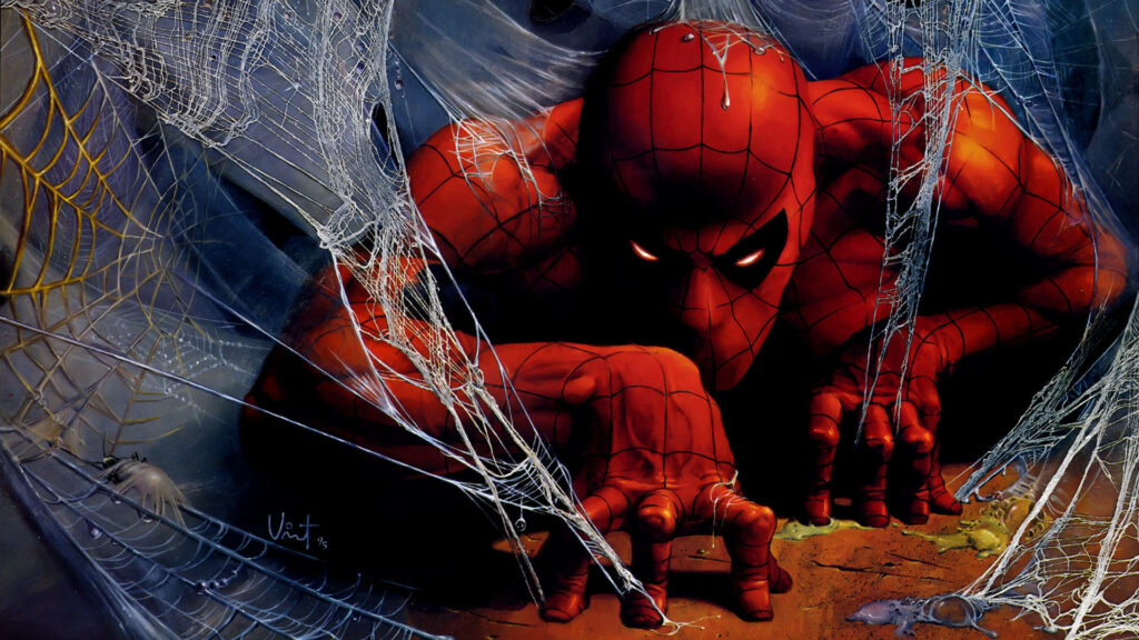 Webbed Vigilance: Spider-Man's Intense Gaze amidst Sticky Webs - A Striking Background Photo Wallpaper