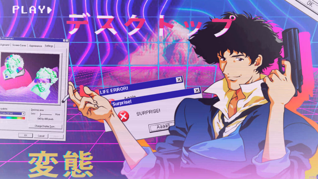 Vaporwave Vibes: Spike Spiegel and His Iconic Firearm from Cowboy Bebop Wallpaper