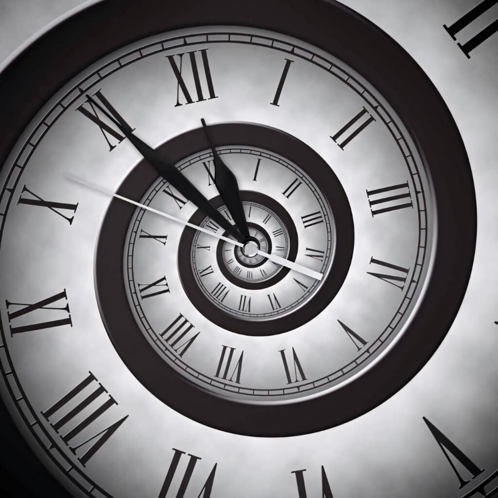 Spiral time clock wallpaper with overlapping Roman numeral faces in grayscale creating infinite time illusion