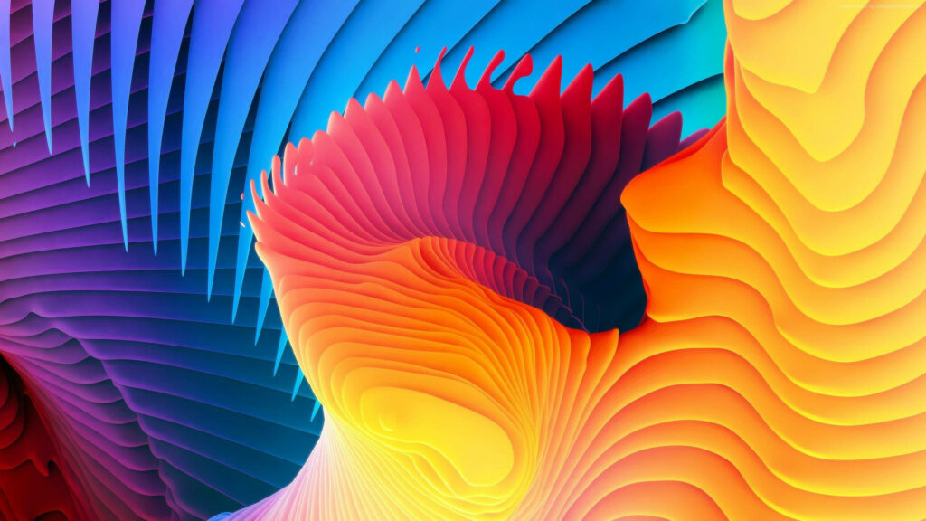 3D abstract wallpaper with fluid spiral layers in blue purple orange yellow for desktop background
