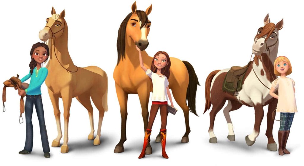 Spirit Riding Free wallpaper featuring Lucky Prescott Pru Granger Abigail Stone with their horses