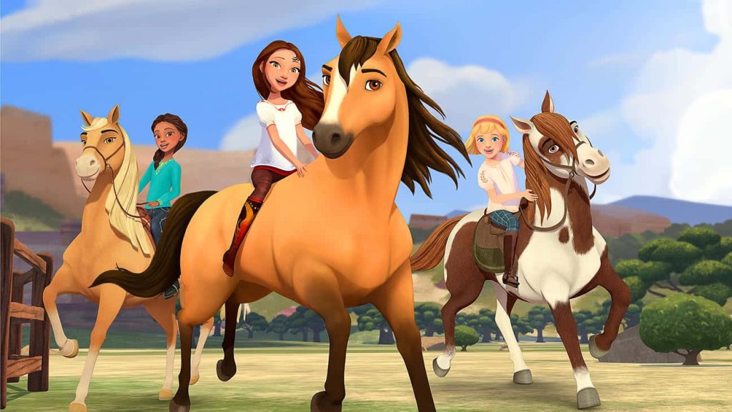 Lucky Pru and Abigail riding Spirit Chica Linda and Boomerang in vibrant 3D Spirit Riding Free wallpaper
