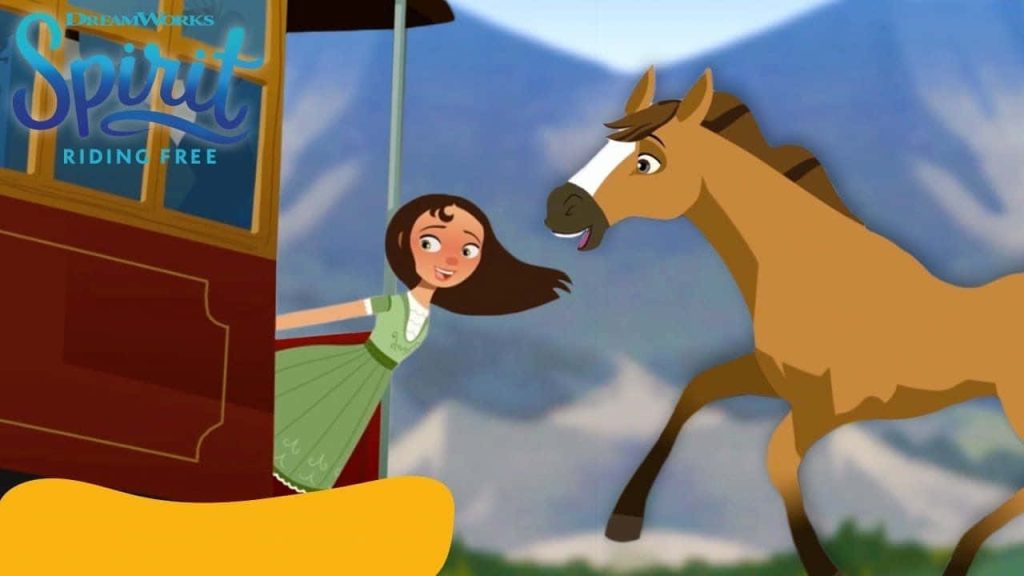 Abigail Stone in green dress reaching from red carriage to wild mustang Spirit mountain wallpaper