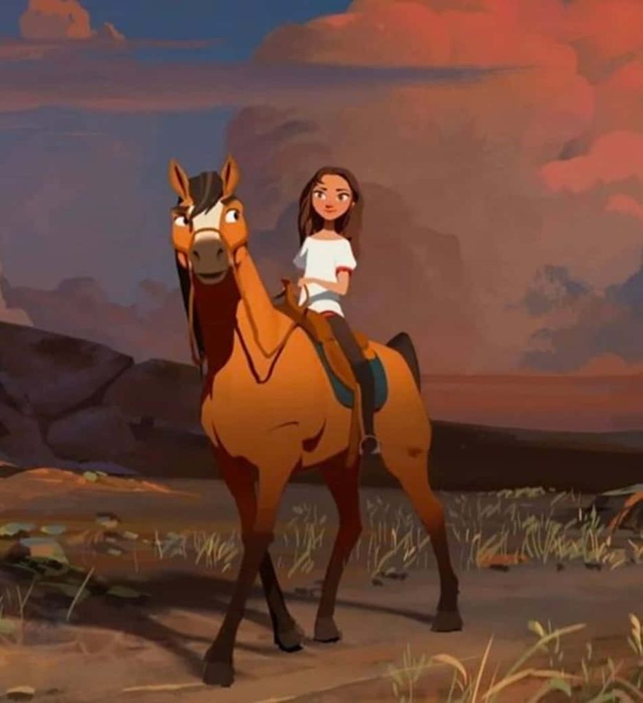 Lucky Prescott rides Spirit Mustang at sunset rugged landscape Spirit Riding Free wallpaper background