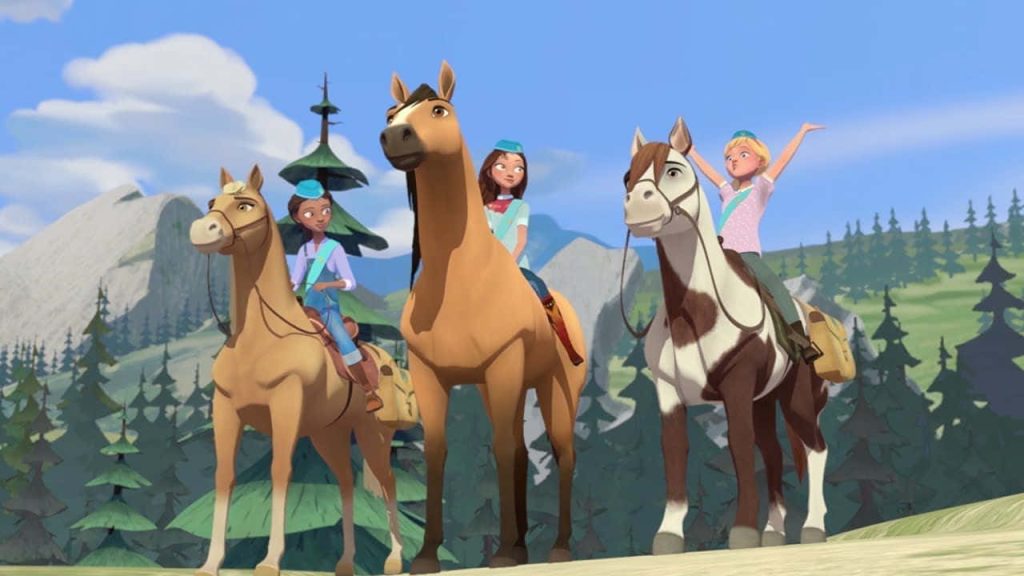 Spirit Riding Free wallpaper with Lucky Pru Abigail riding horses in sunlit mountains CGI