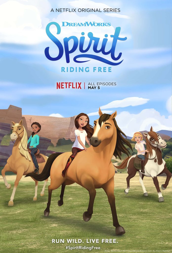 Spirit Riding Free wallpaper with Lucky Pru and Abigail riding horses in sunny grassland